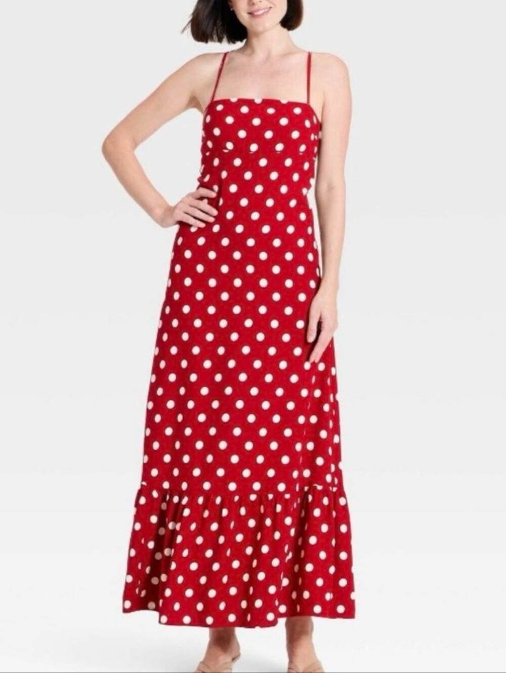 a new day Red and White Polka Dot Maxi Dress with Spaghetti Straps Size M NWT